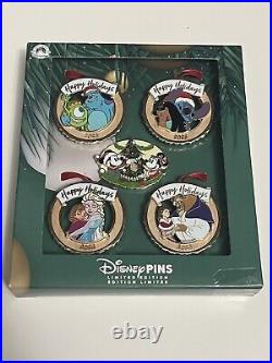 2023 Disney Parks Happy Holidays Mickey Frozen Stitch Box 5 LE Pin Ornament Set