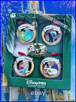 2023 Disney Parks Happy Holidays Mickey Frozen Stitch Box 5 LE Pin Ornament Set