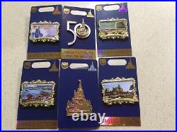 Disney World 50th Anniversary Postcard 4 Pin Set Limited Edition Castle & Logo