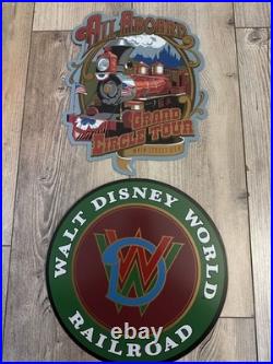 Disneyland Sign Lot All Aboard Railroad Train 2 Tin Signs Disney Theme Park