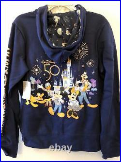 NEW Walt Disney World WDW 50th Anniversary Navy Hoodie Shimmer Zip Up LARGE