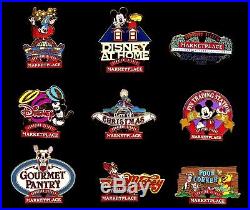 RARE DOWNTOWN DISNEY MARKETPLACE PIN PURSUIT Complete Pin Set Lot of 9 with Map