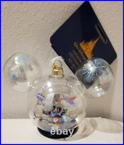 Walt Disney World 50th Icon Blue base Glass Globe Ornament with four Parks NIB